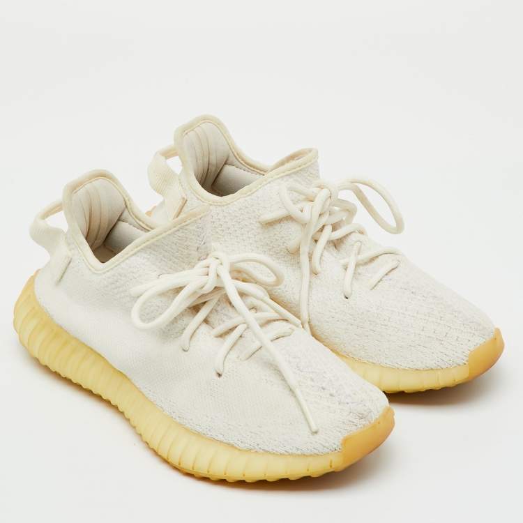 Pre Owned Yeezy x Adidas White Knit Fabric Boost 350 V2 Cream White Sneakers Size 37 1/3