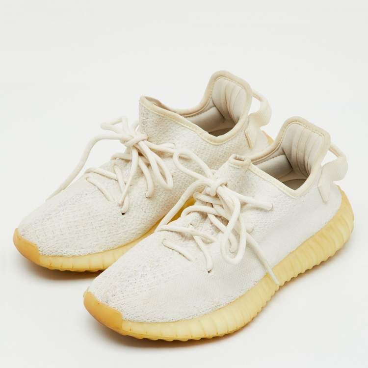 Pre Owned Yeezy x Adidas White Knit Fabric Boost 350 V2 Cream White Sneakers Size 37 1/3