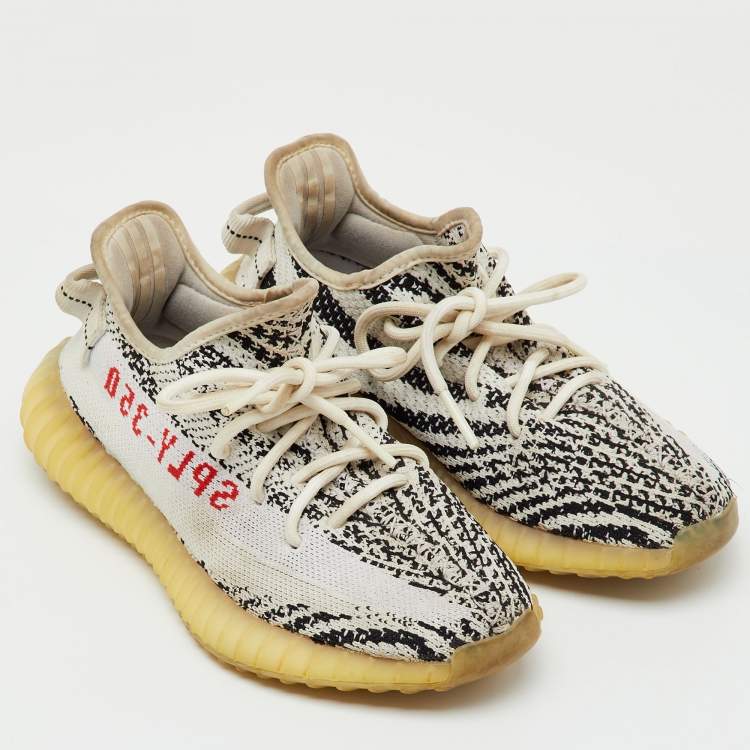 Pre Owned Yeezy x Adidas White/Black Knit Fabric Boost 350 V2 Zebra Sneakers Size 36 2/3