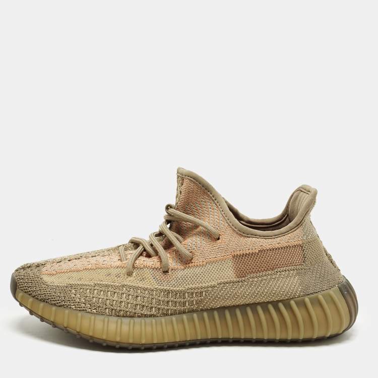 Pre Owned Yeezy x Adidas Boost 350 V2 Sand Taupe Size 42 Brown Knit Fabric Lace Up Sneakers