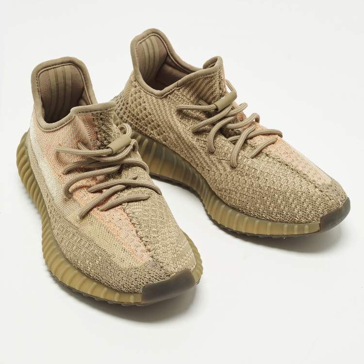 Pre Owned Yeezy x Adidas Boost 350 V2 Sand Taupe Size 42 Brown Knit Fabric Lace Up Sneakers