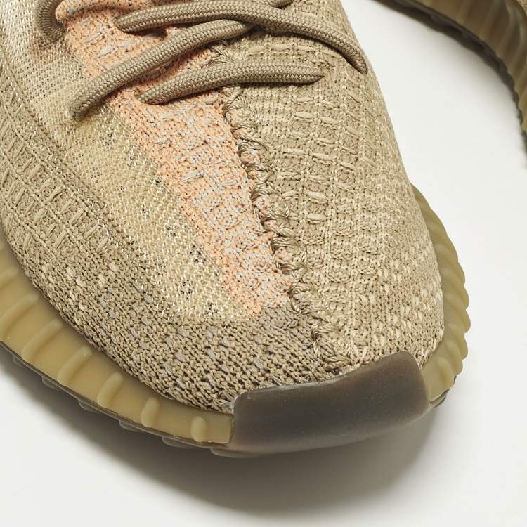 Pre Owned Yeezy x Adidas Boost 350 V2 Sand Taupe Size 42 Brown Knit Fabric Lace Up Sneakers