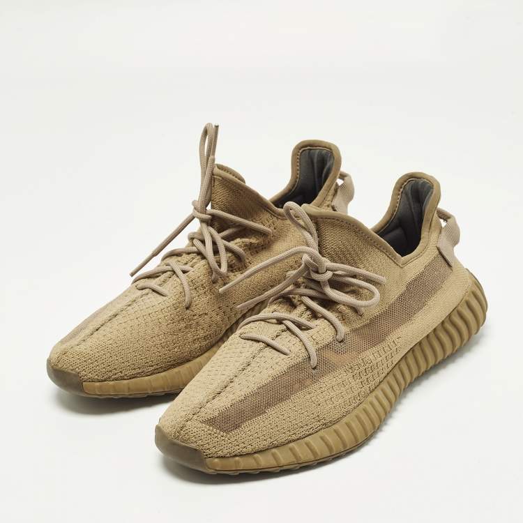Pre Owned Yeezy x Adidas Boost 350 V2 Earth Size 47.5 Brown Knit Fabric Lace Up Sneakers