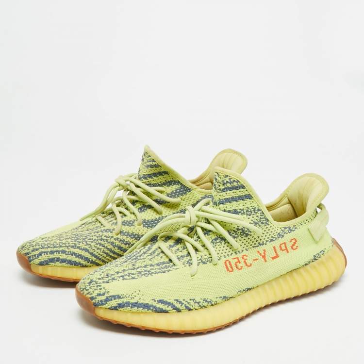 Pre Owned Yeezy x Adidas Boost 350 V2 Size 46.5 Yellow Knit Fabric Semi Frozen Low Top Sneakers