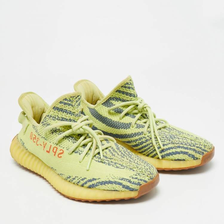 Pre Owned Yeezy x Adidas Boost 350 V2 Size 46.5 Yellow Knit Fabric Semi Frozen Low Top Sneakers