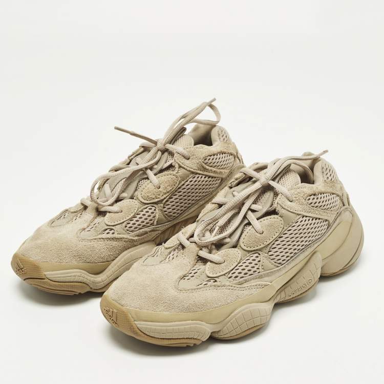 Pre Owned Yeezy x Adidas 500 'Soft Vision Size 40 Beige Fabric and Suede Lace Up Sneakers