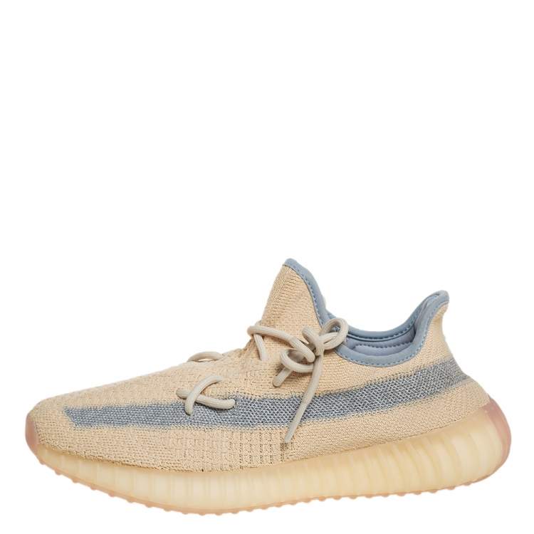 Pre Owned Yeezy x adidas Beige/Grey Knit Fabric Boost 350 V2 Linen Sneakers Size 42