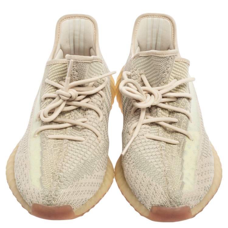 Pre Owned Yeezy x adidas Beige/Grey Knit Fabric Boost 350 V2 Citrin Low Top Sneakers Size 45 1/3