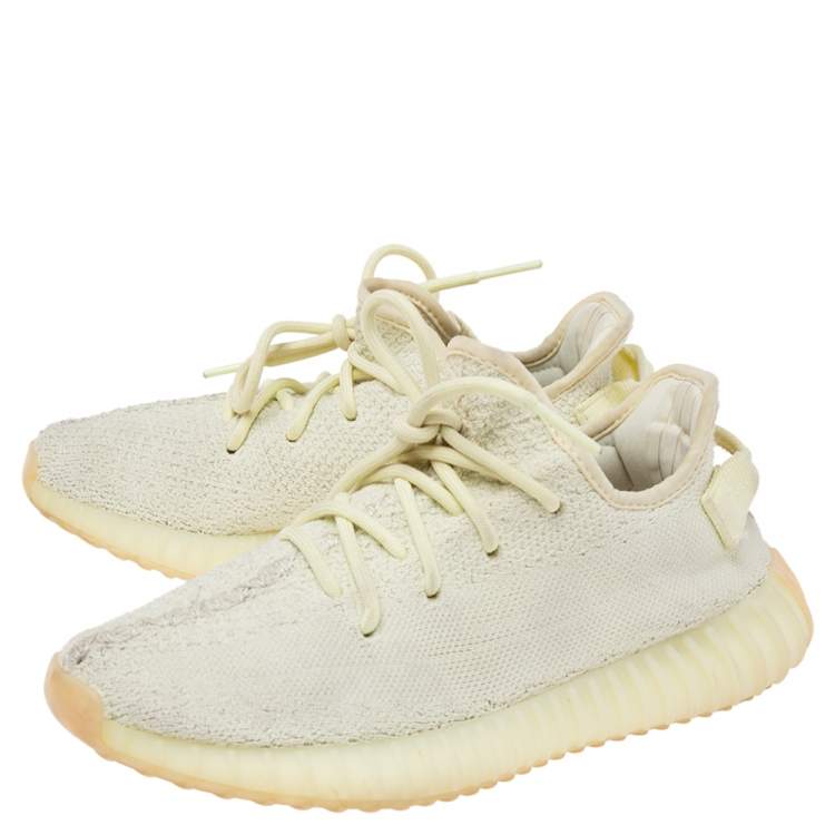 Pre Owned Yeezy x Adidas Light Yellow Knit Fabric Boost 350 V2 Butter Sneakers Size 38 2/3