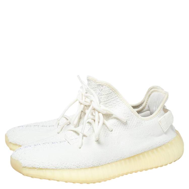 Pre Owned Yeezy x adidas Cream/Triple White Knit Fabric Boost 350 V2 Sneakers Size 45 1/3