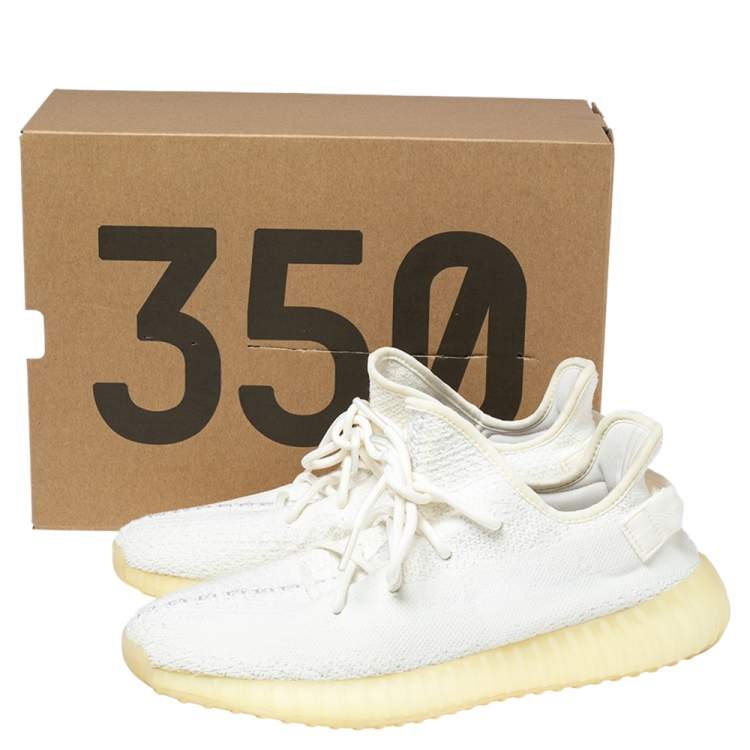 Pre Owned Yeezy x adidas Cream/Triple White Knit Fabric Boost 350 V2 Sneakers Size 45 1/3