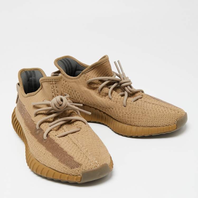 Pre Owned Yeezy x Adidas Brown Knit Fabric Boost 350 V2 Earth Lace Up Sneakers Size 44