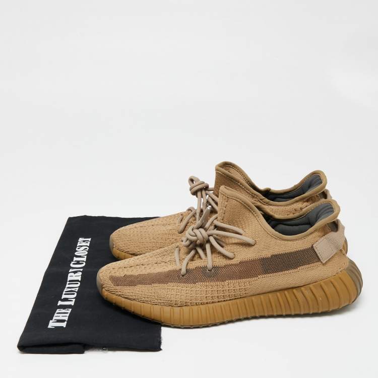 Pre Owned Yeezy x Adidas Brown Knit Fabric Boost 350 V2 Earth Lace Up Sneakers Size 44