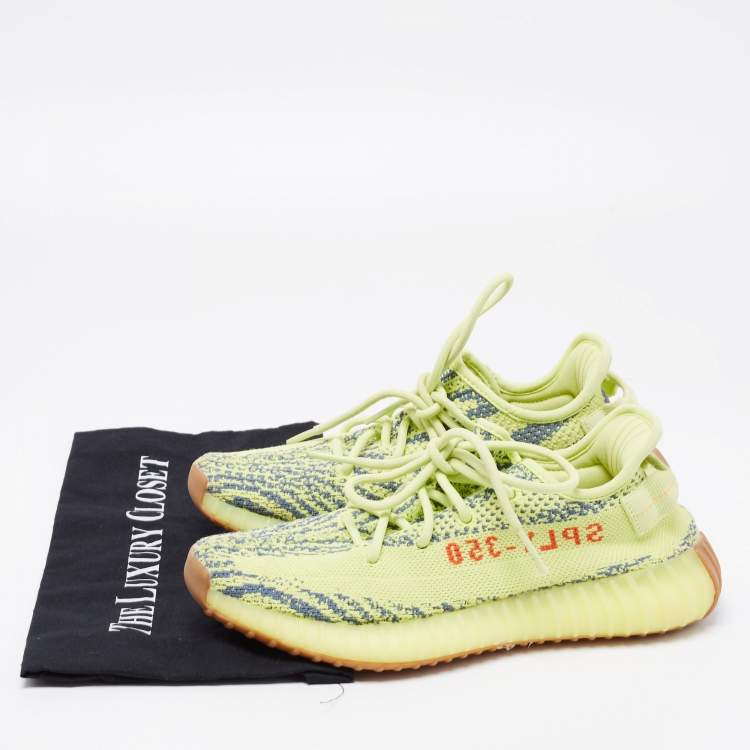 Pre Owned Yeezy x Adidas Neon Yellow Knit Fabric Boost 350 V2 Semi Frozen Low-Top Sneakers Size 39 1/3