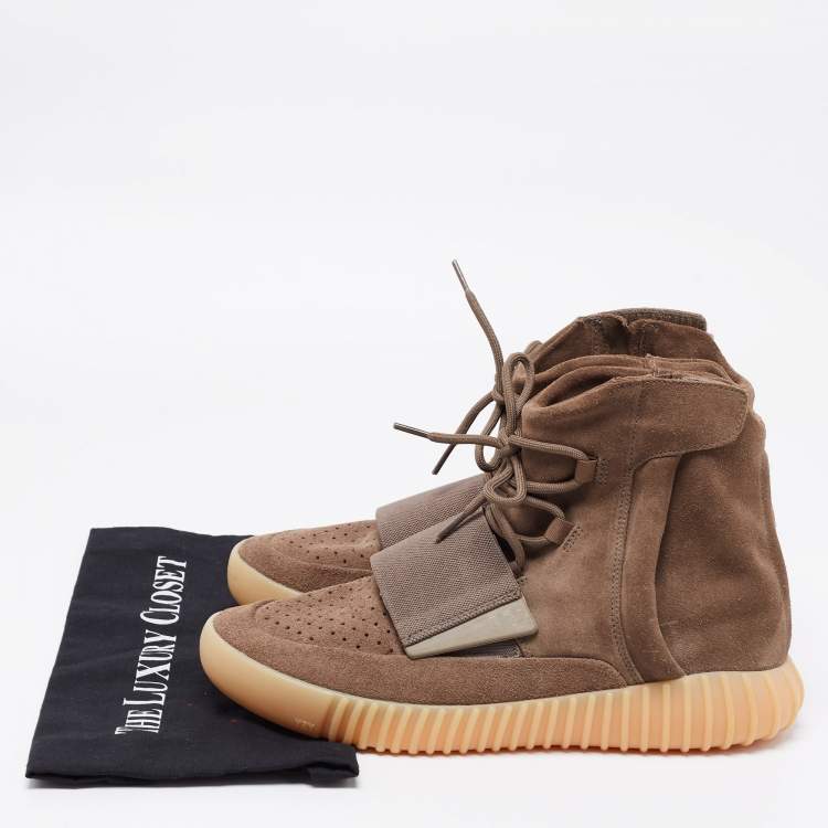 Pre Owned Yeexy x Adidas Khaki Brown Suede Boost 750 High Top Sneakers Size 44 2/3