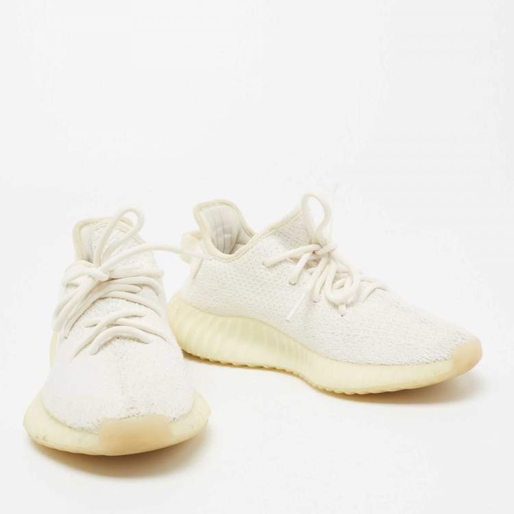 Pre Owned Yeezy x Adidas Cream Knit Fabric Boost 350 V2 Triple White Low-Top Sneakers Size 38 2/3