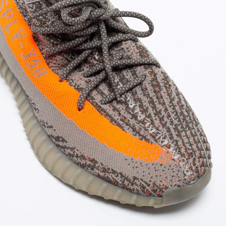 Pre Owned Yeezy Grey/Orange  Knit Fabric Boost 350 Beluga Sneakers Size 45 1/3
