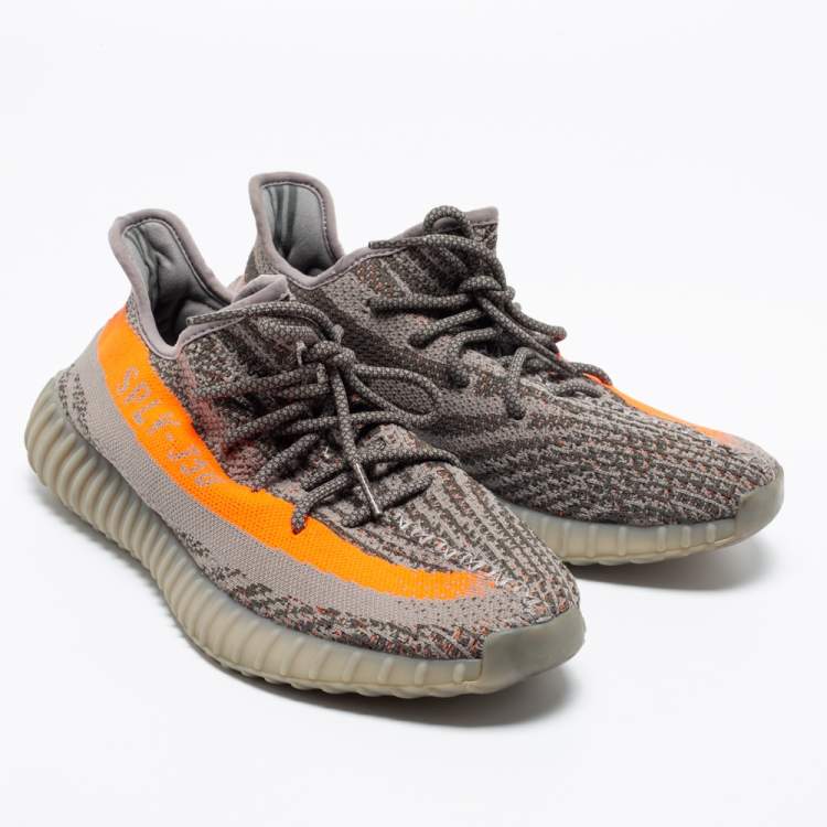 Pre Owned Yeezy Grey/Orange  Knit Fabric Boost 350 Beluga Sneakers Size 45 1/3
