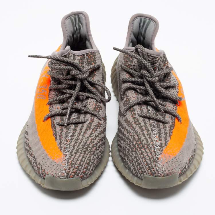 Pre Owned Yeezy Grey/Orange  Knit Fabric Boost 350 Beluga Sneakers Size 45 1/3