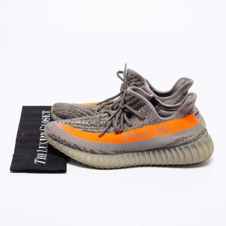 Pre Owned Yeezy Grey/Orange  Knit Fabric Boost 350 Beluga Sneakers Size 45 1/3