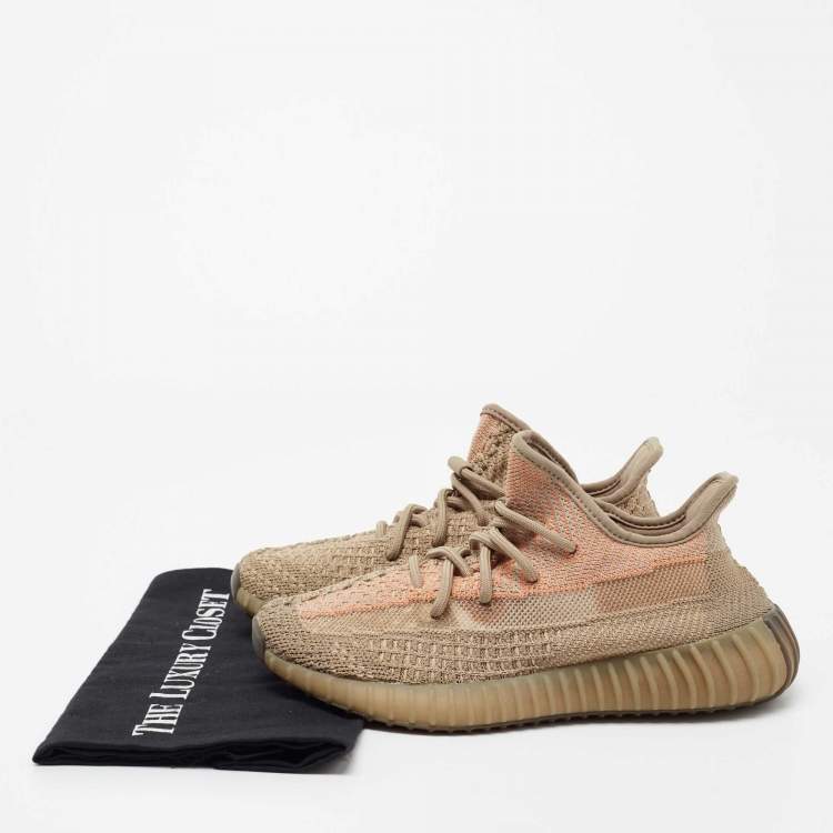 Pre Owned Yeezy x Adidas Light Brown Knit Fabric Boost 350 V2 Sand Taupe Sneakers Size 37 1/3