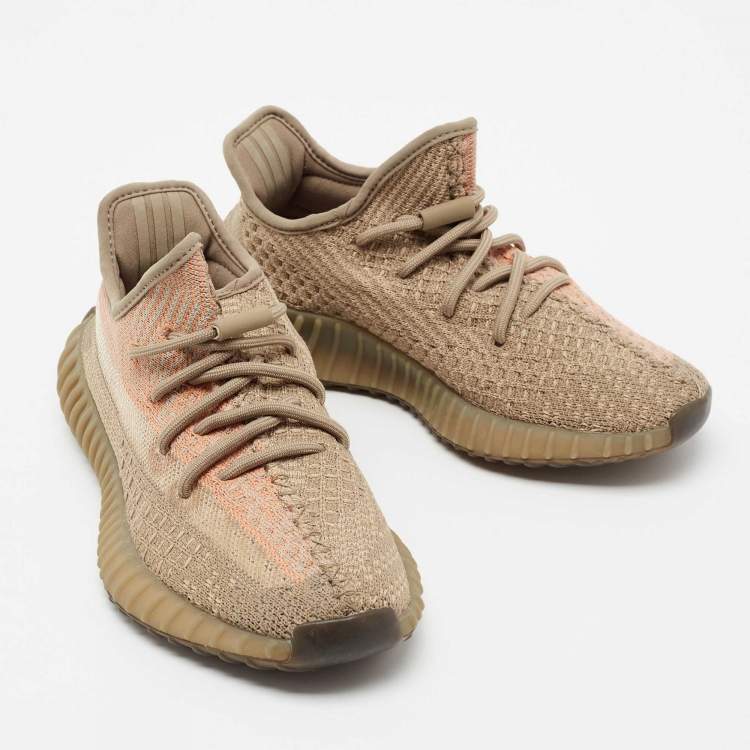 Pre Owned Yeezy x Adidas Light Brown Knit Fabric Boost 350 V2 Sand Taupe Sneakers Size 37 1/3