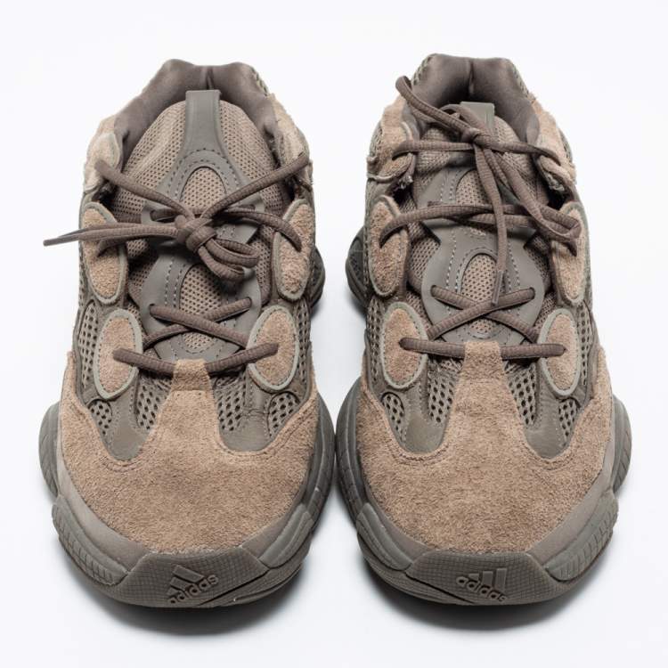 Pre Owned Yeezy x Adidas Brown/Olive Green Mesh and Suede 500 Clay Sneakers Size 47 1/3