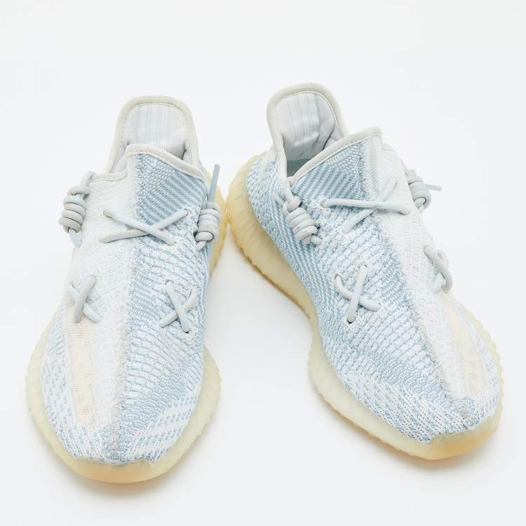 Pre Owned Yeezy x Adidas White/Blue Knit Fabric Boost 350 Cloud White Low Top Sneakers Size 44 2/3