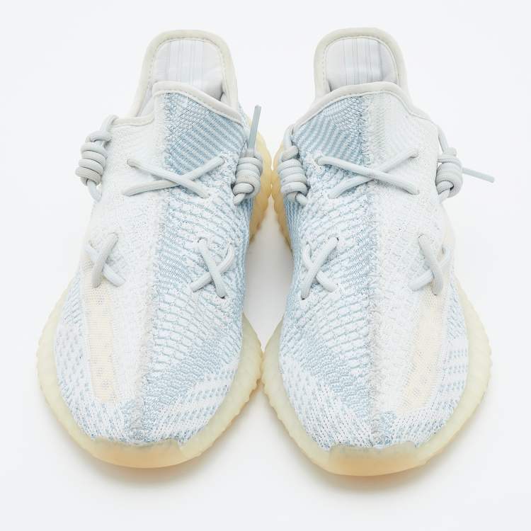 Pre Owned Yeezy x Adidas White/Blue Knit Fabric Boost 350 Cloud White Low Top Sneakers Size 44 2/3