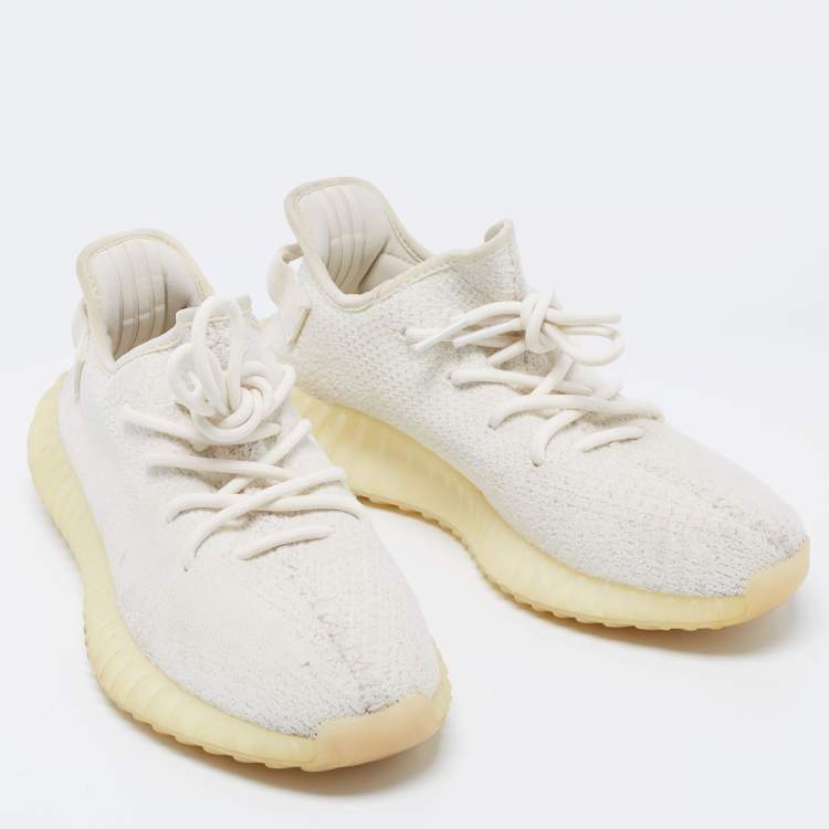 Pre Owned Yeezy x Adidas White Knit Fabric Boost 350 V2 Cream White/Triple White Low-Top Sneakers Size 42 2/3