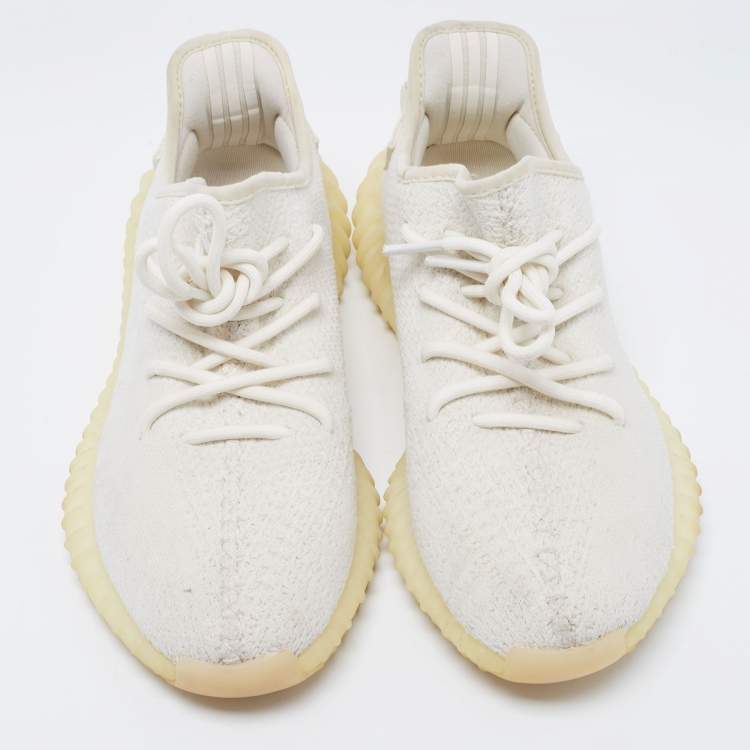 Pre Owned Yeezy x Adidas White Knit Fabric Boost 350 V2 Cream White/Triple White Low-Top Sneakers Size 42 2/3