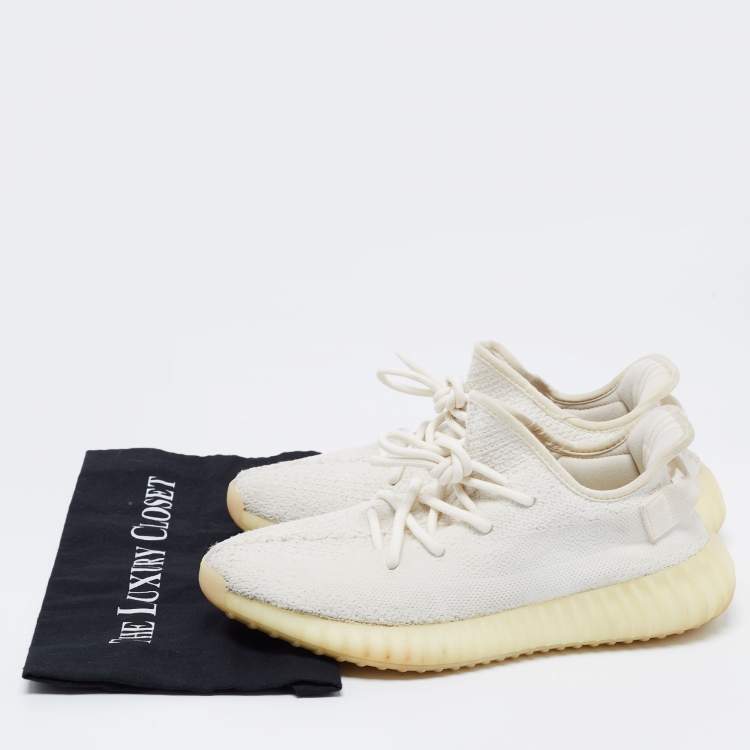 Pre Owned Yeezy x Adidas White Knit Fabric Boost 350 V2 Cream White/Triple White Low-Top Sneakers Size 42 2/3