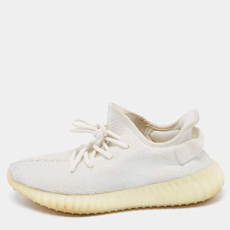 Pre Owned Yeezy x Adidas White Knit Fabric Boost 350 V2 Cream White/Triple White Low-Top Sneakers Size 42 2/3