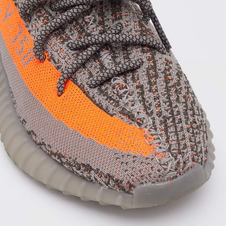 Pre Owned Yeezy x Adidas Grey/Orange Knit Fabric Boost 350 V2 Beluga Low Top Sneakers Size 39 1/3