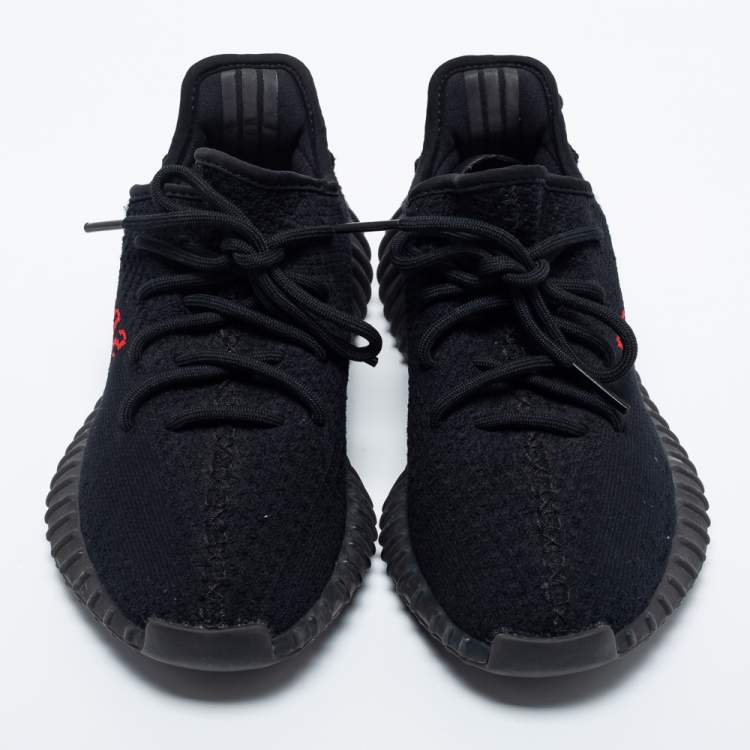 Pre Owned Yeezy x Adidas Black/Red Knit Fabric Boost 350 V2 Bred Sneakers Size 38
