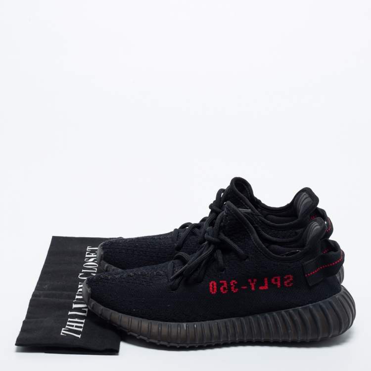 Pre Owned Yeezy x Adidas Black/Red Knit Fabric Boost 350 V2 Bred Sneakers Size 38
