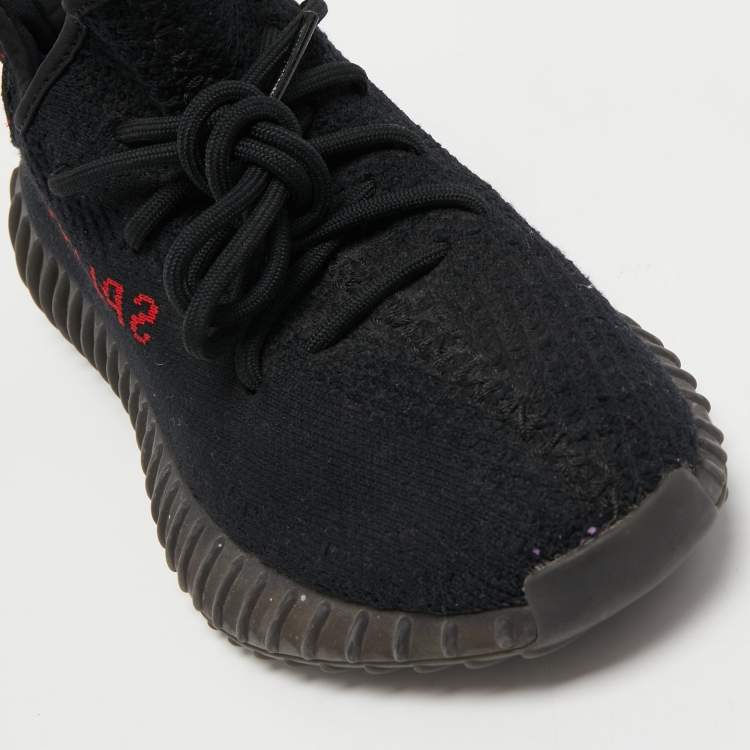 Pre Owned Yeezy x Adidas Black/Red Knit Fabric Boost 350 V2 Bred Sneakers Size 39 1/3