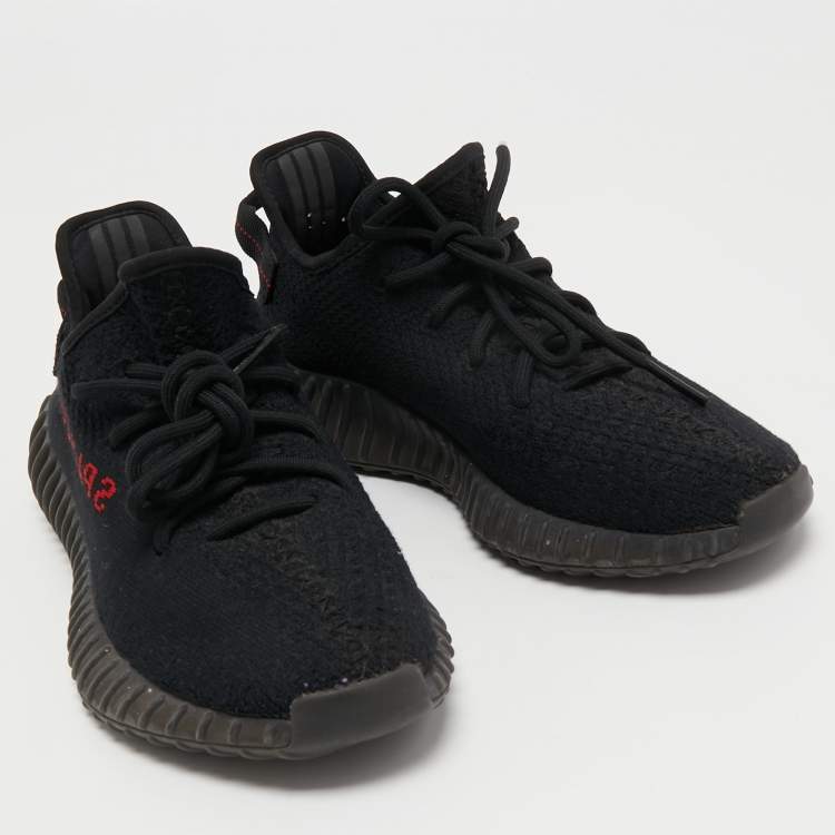 Pre Owned Yeezy x Adidas Black/Red Knit Fabric Boost 350 V2 Bred Sneakers Size 39 1/3