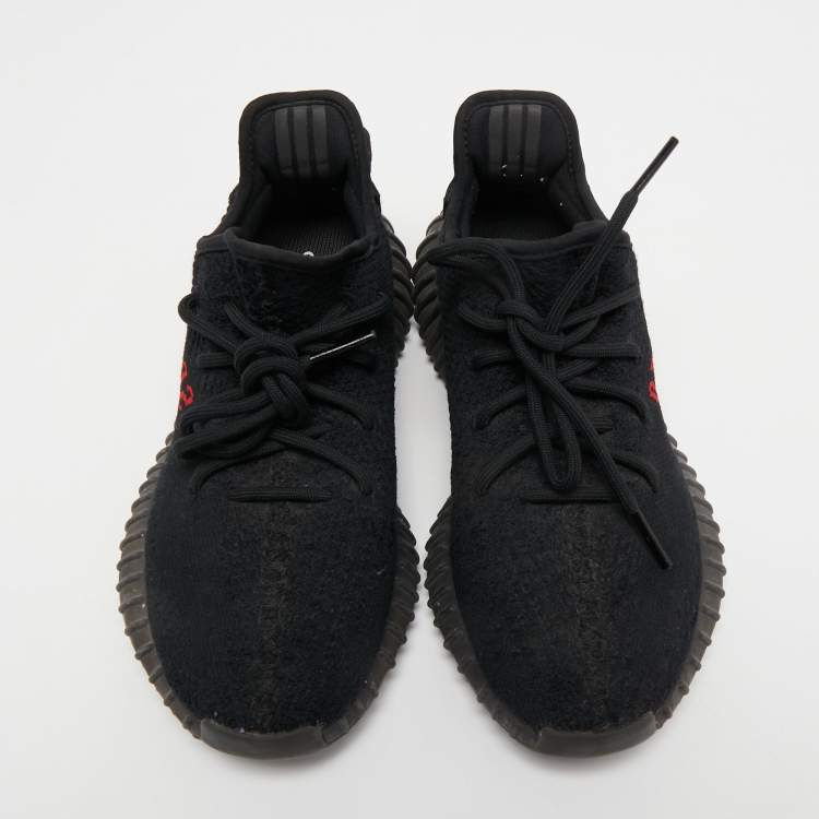 Pre Owned Yeezy x Adidas Black/Red Knit Fabric Boost 350 V2 Bred Sneakers Size 39 1/3