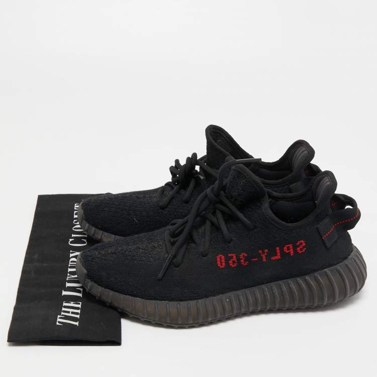 Pre Owned Yeezy x Adidas Black/Red Knit Fabric Boost 350 V2 Bred Sneakers Size 39 1/3