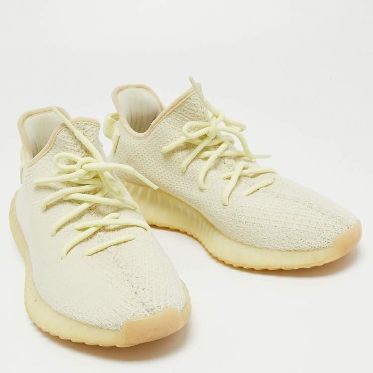 Pre Owned Yeezy x Adidas Light Yellow Knit Fabric Boost 350 V2 Butter Sneakers Size 45 1/3