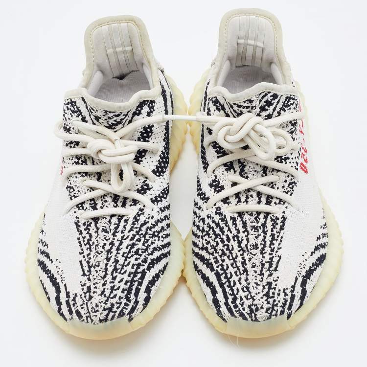 Pre Owned Yeezy x Adidas White/Black Knit Fabric Boost 350 V2 Zebra Low Top Sneakers Size 39 1/3