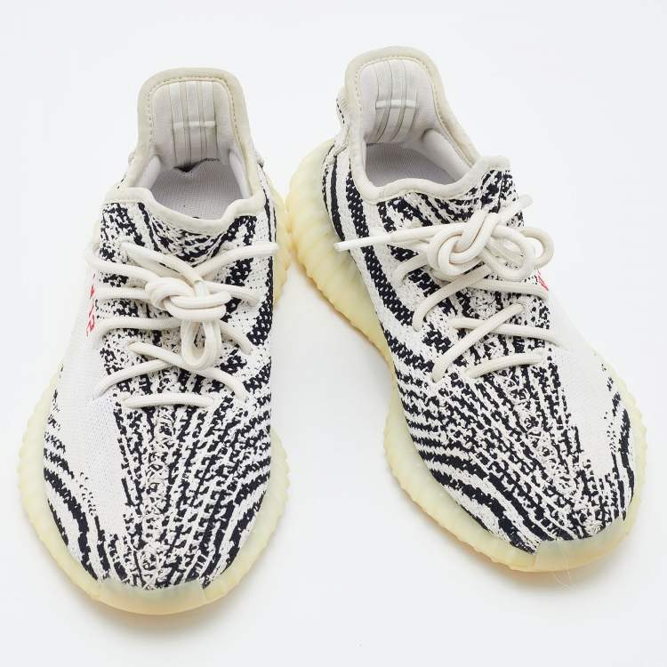 Pre Owned Yeezy x Adidas White/Black Knit Fabric Boost 350 V2 Zebra Low Top Sneakers Size 39 1/3