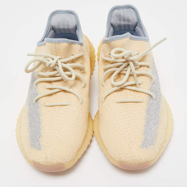 Pre Owned Yeezy x Adidas Light Yellow/Blue Knit Fabric Boost 350 V2 Linen Sneakers Size 44 2/3
