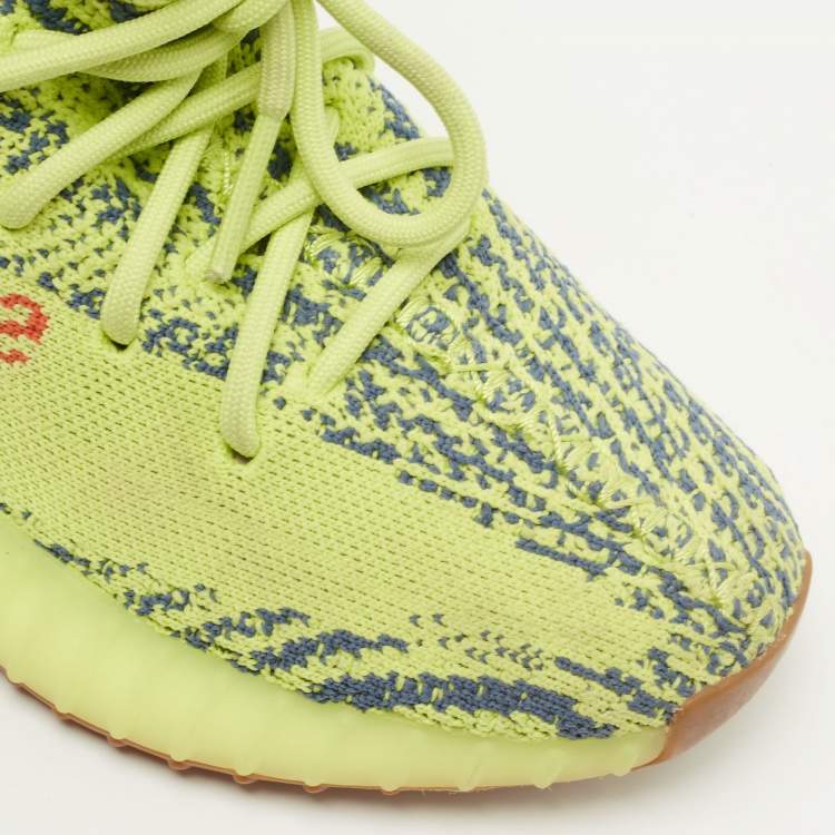 Pre Owned Yeezy x Adidas Neon Yellow Knit Fabric Boost 350 V2 Semi Frozen Yellow Sneakers Size 38