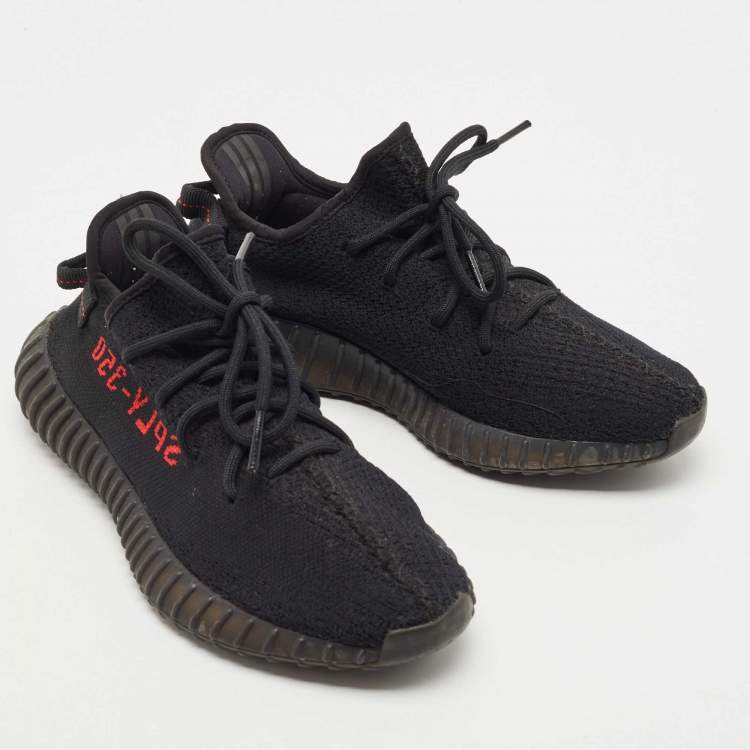 Pre Owned Adidas Yeezy Black Knit Fabric Boost 350 V2 Black Red Sneakers Size 40 2/3