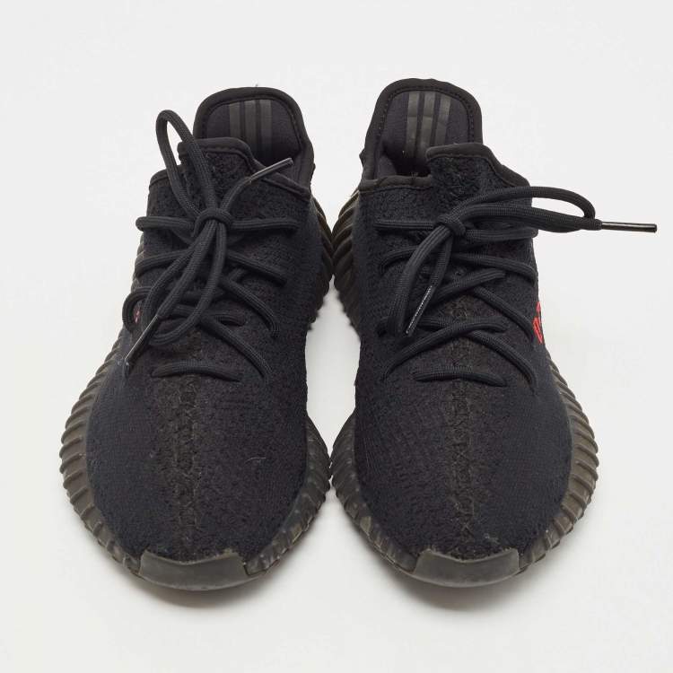 Pre Owned Adidas Yeezy Black Knit Fabric Boost 350 V2 Black Red Sneakers Size 40 2/3