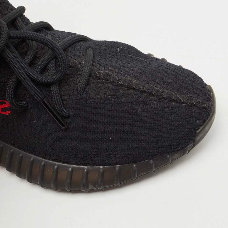 Pre Owned Adidas Yeezy Black Knit Fabric Boost 350 V2 Black Red Sneakers Size 40 2/3