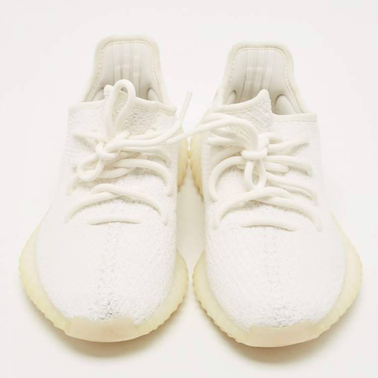 Pre Owned Yeezy x Adidas Off White Knit Fabric Boost 350 V2 Triple White Sneakers Size 38 2/3