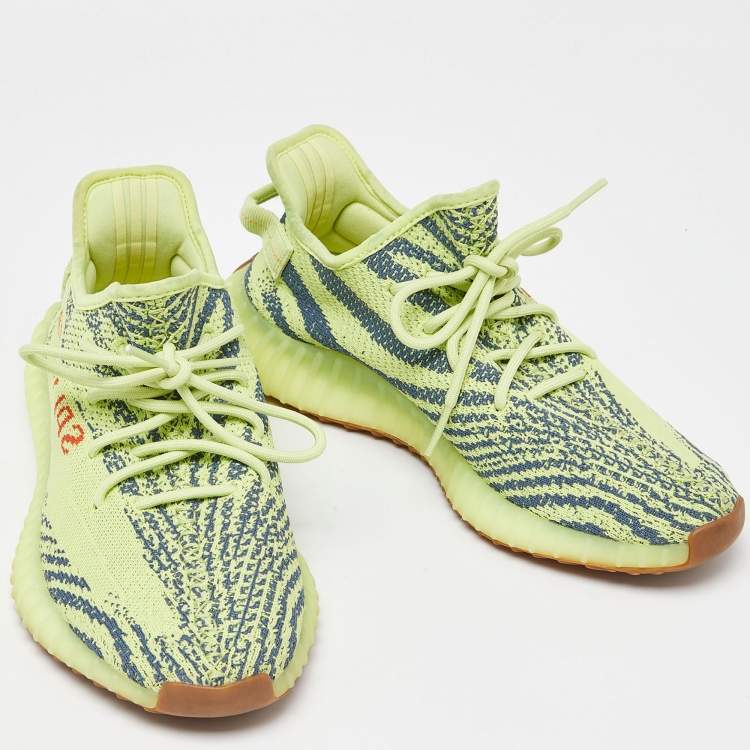 Pre Owned Yeezy x Adidas Neon Green Knit Fabric Semi Frozen Boost 350 V2 Sneakers Size 43 1/3